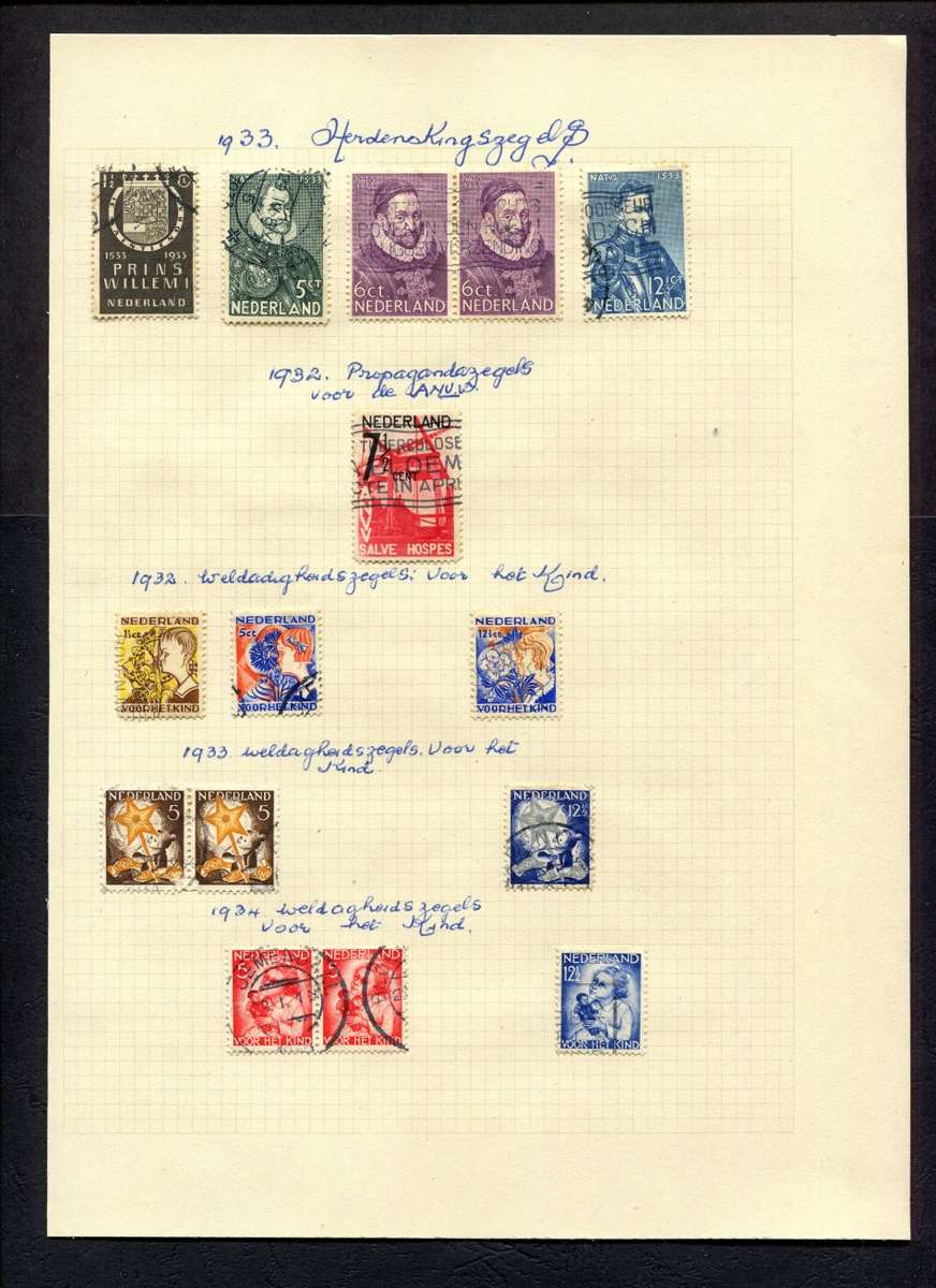 Netherlands - 15 Stamps  Mounted (Hinged) on An Old Album Page