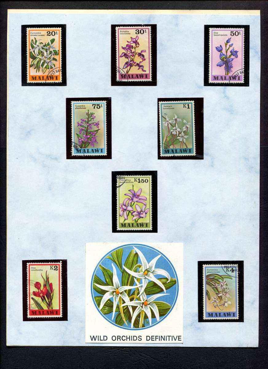Malawi - Flowers - 15 Stamps Mounted (Hinged) on 2 Old Album Pages