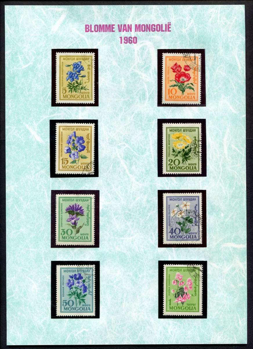Mongolia - Flowers - 8 Stamps Mounted (Hinged) on Old Album Page