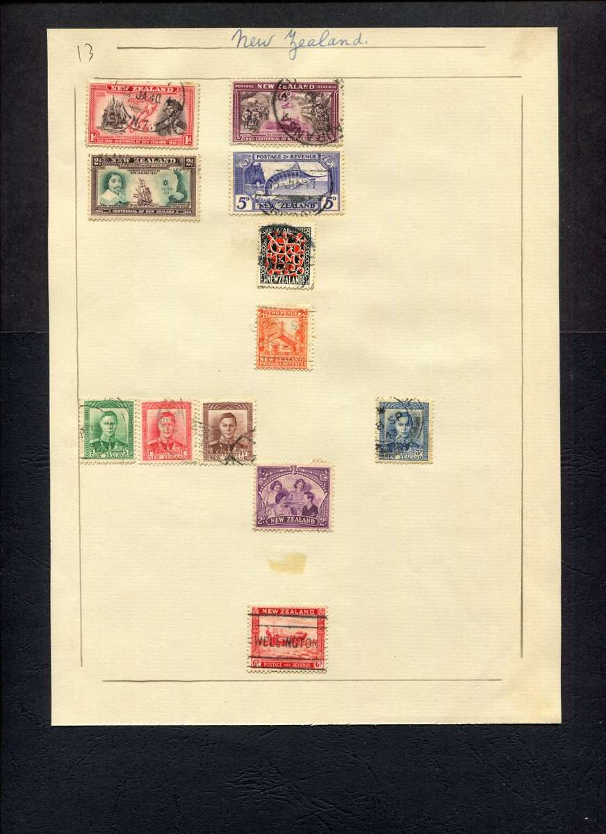 New Zealand - 12 Stamps Mounted (Hinged) on Old Album Page