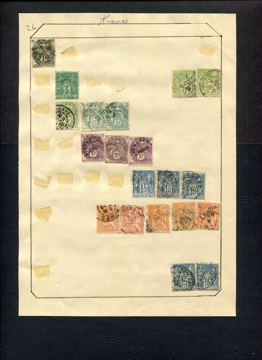 France - 20 Stamps Mounted (Hinged) on Old Album Page