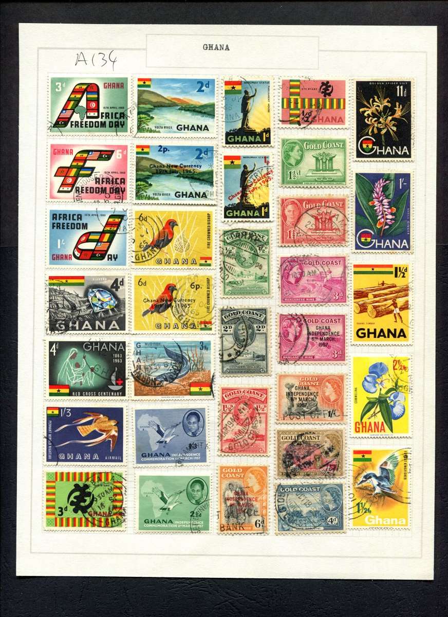 Ghana/Gold Coast - 33 Stamps Mounted (Hinged) on Old Album Page