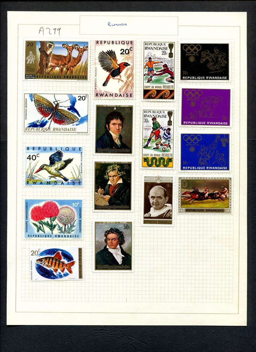 Rwanda - 16 Stamps Mounted (Hinged) on Old Album Page
