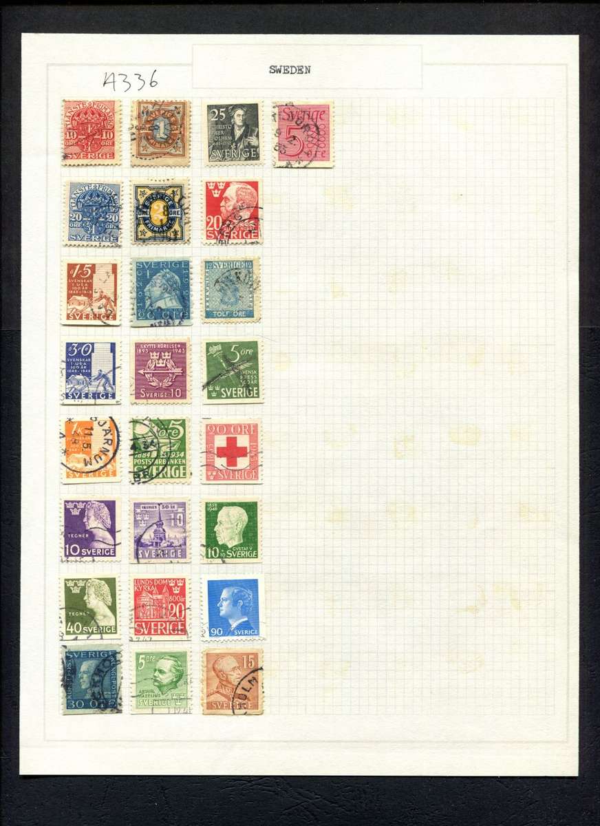 Sweden - 25 Stamps Mounted (Hinged) on Old Album Page