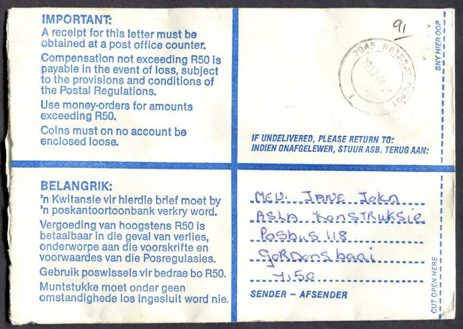 RSA - Cover Registered At Gordon's Bay Post Office