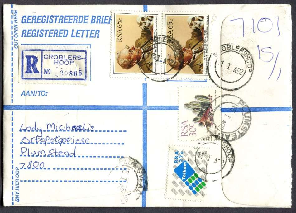 RSA - Cover Registered At Groblershoop Post Office
