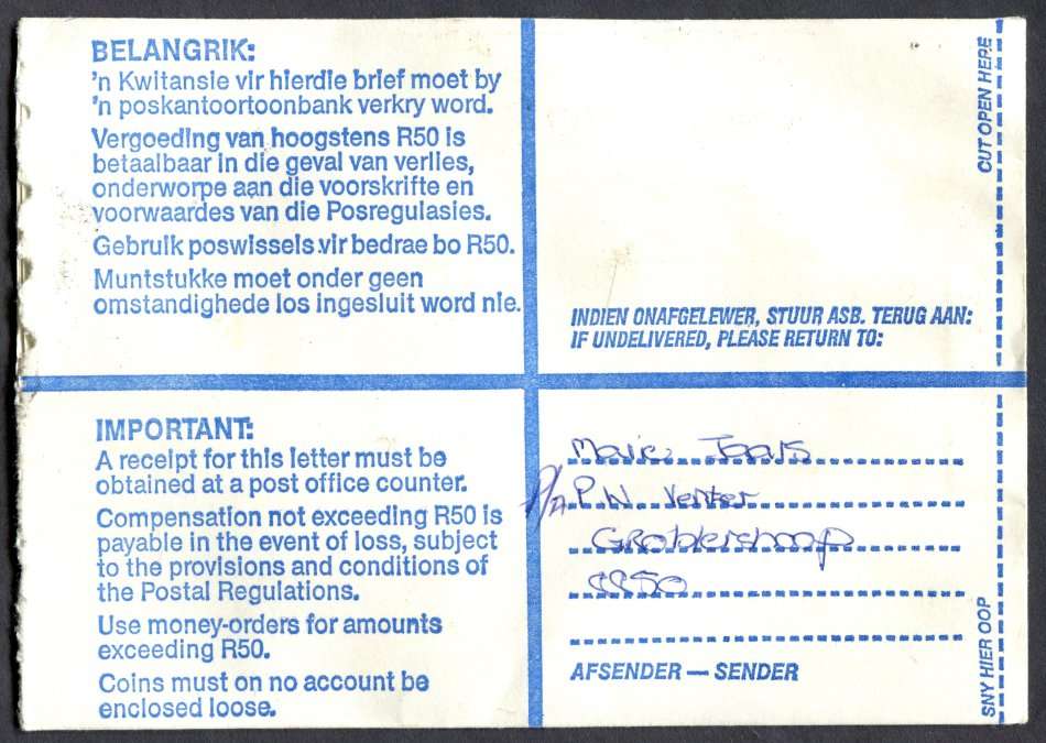 RSA - Cover Registered At Groblershoop Post Office