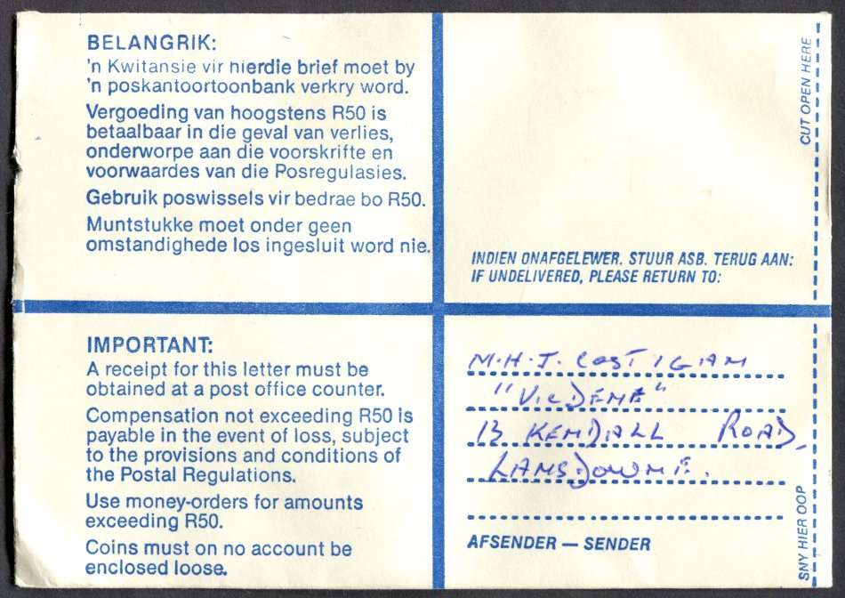 RSA - Cover Registered At Lansdowne Post Office