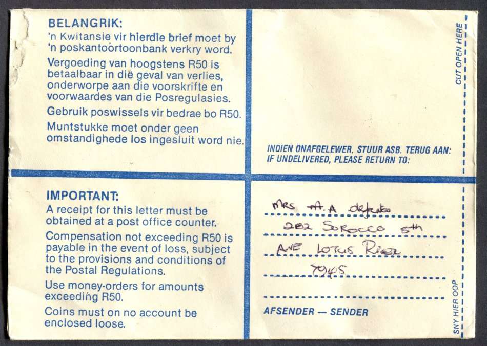 RSA - Cover Registered At Lotus River Post Office