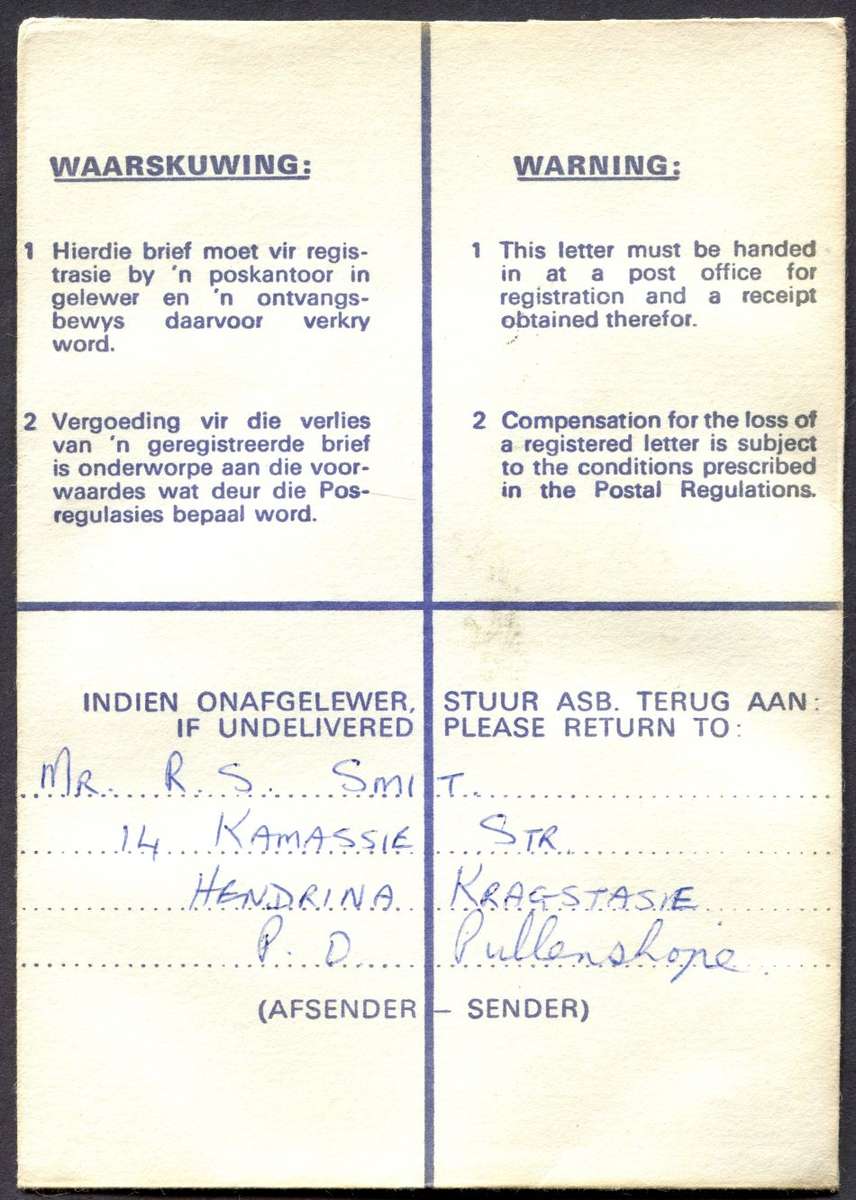 RSA - Cover Registered At Pullen's Hope Post Office