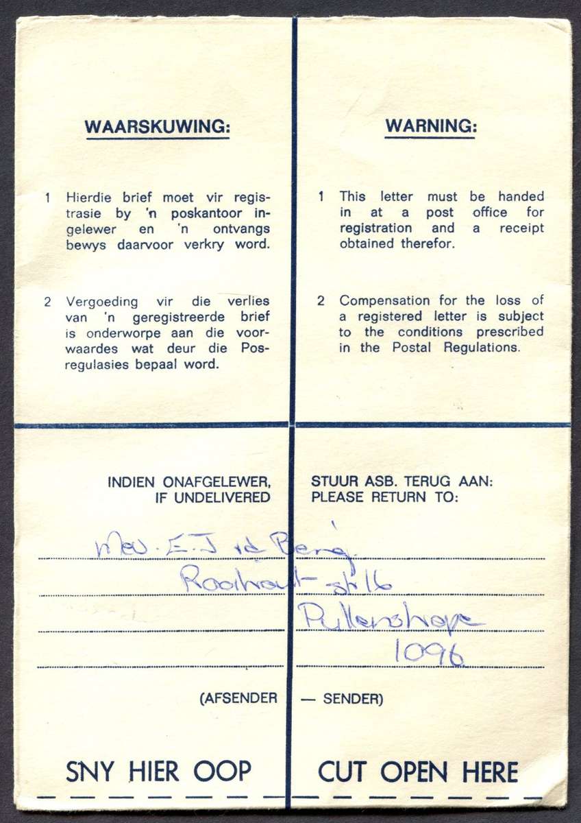 RSA - Cover Registered At Pullen's Hope Post Office