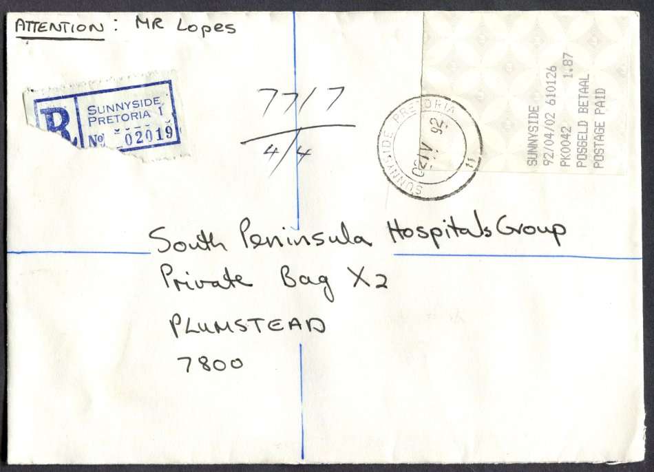 RSA - Cover Registered At Sunnyside Pretoria Post Office
