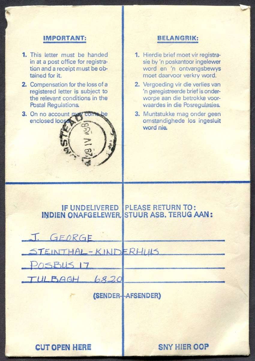 RSA - Cover Registered At Tulbagh Post Office