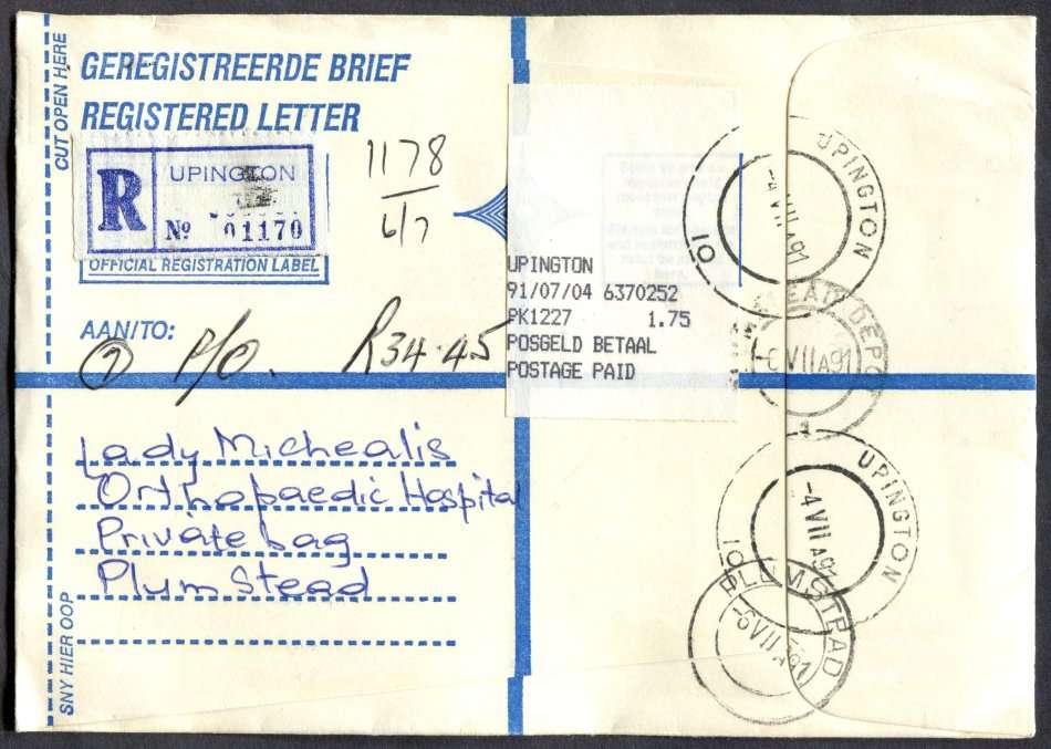 RSA - Cover Registered At Upington Post Office