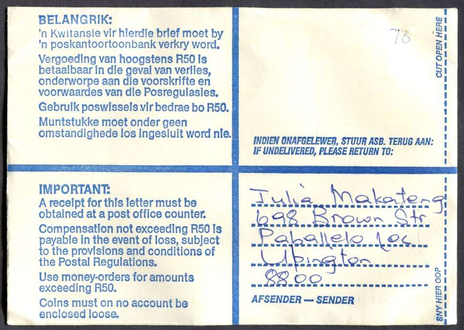 RSA - Cover Registered At Upington Post Office