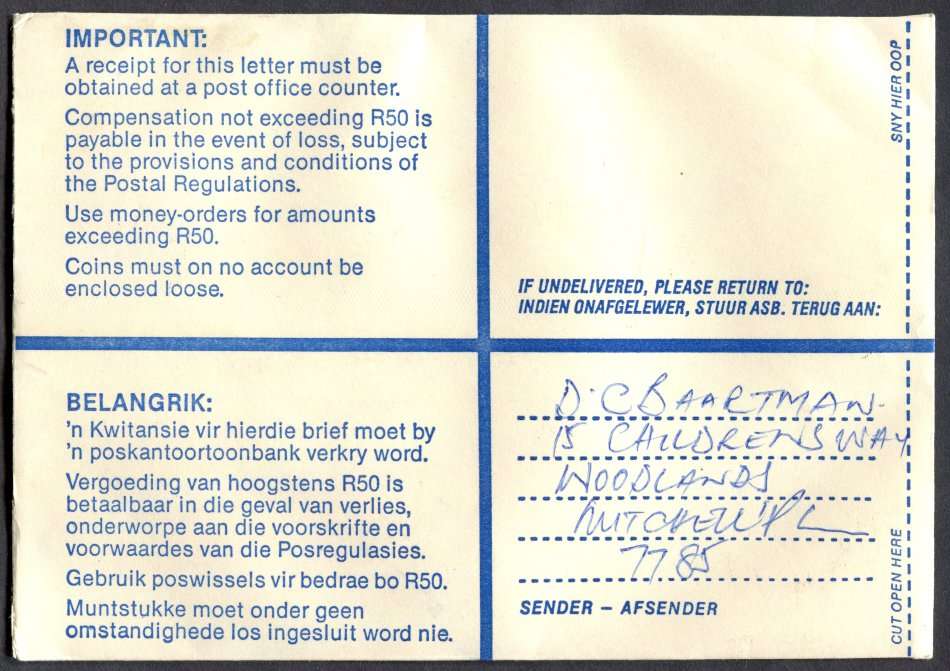 RSA - Cover Registered At Vrijzee Post Office