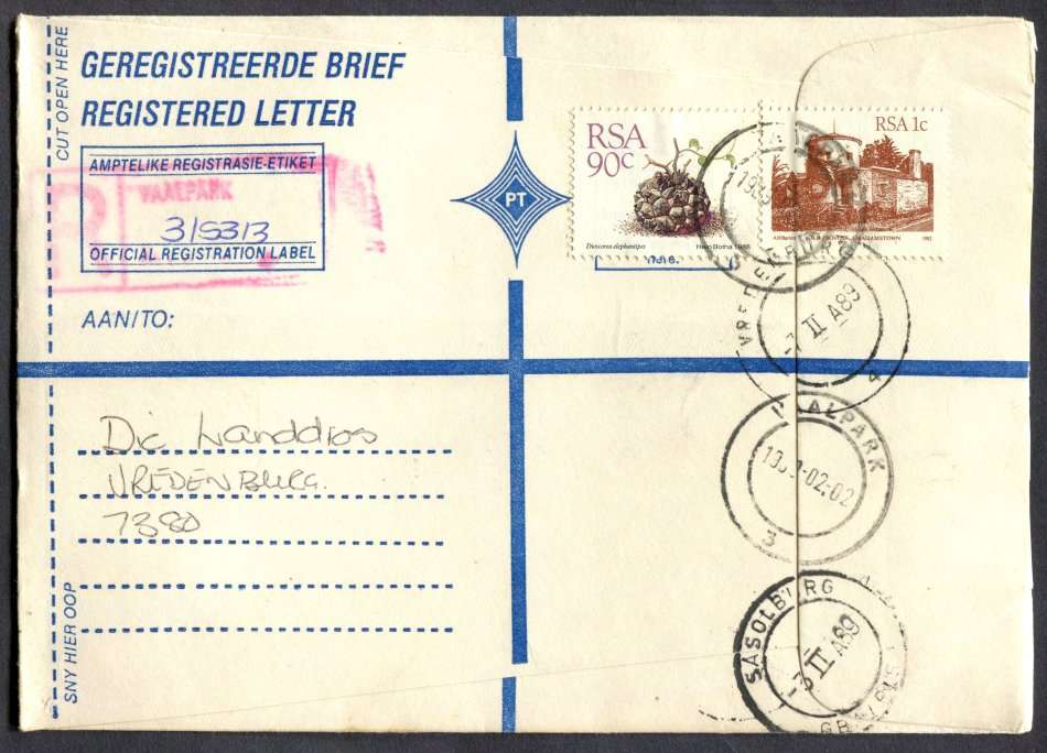 RSA - Cover Registered At Vaalpark Post Office