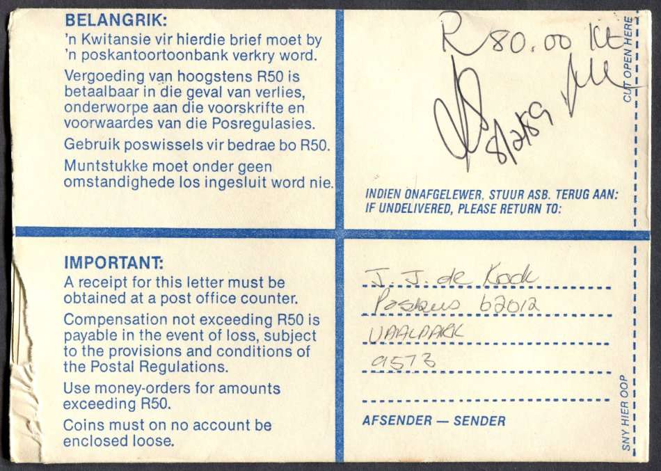 RSA - Cover Registered At Vaalpark Post Office