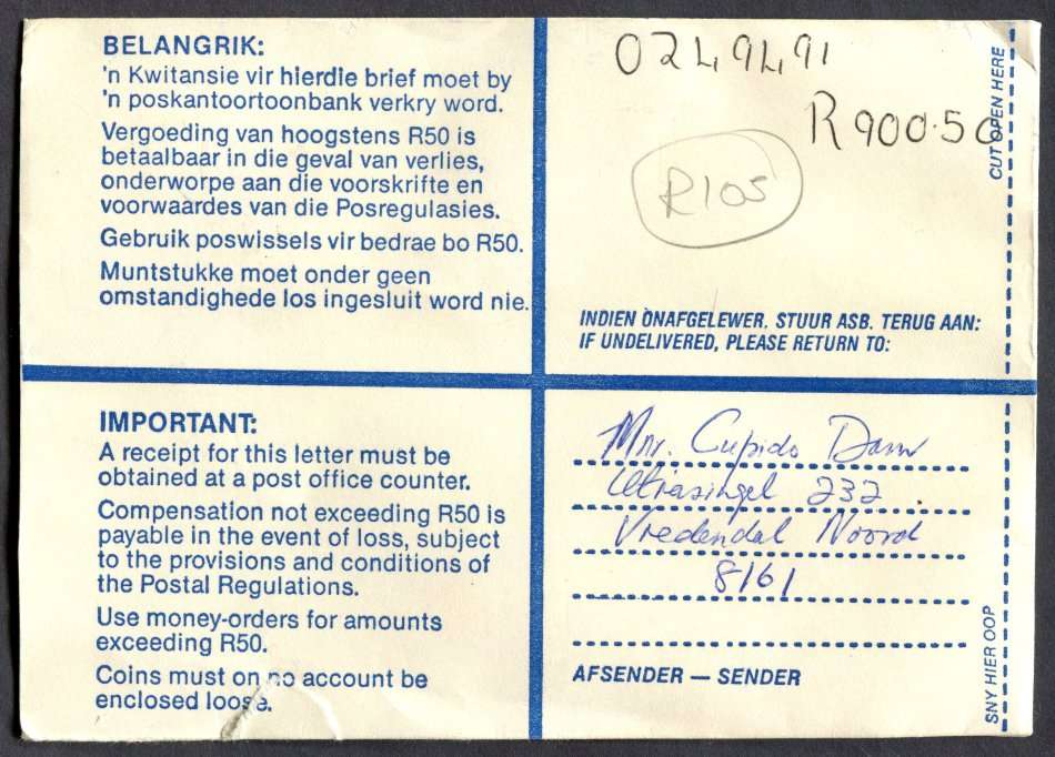 RSA - Cover Registered At Vredendal Post Office
