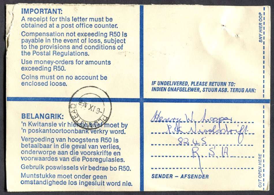 RSA - Cover Registered At Vioolsdrif Post Office