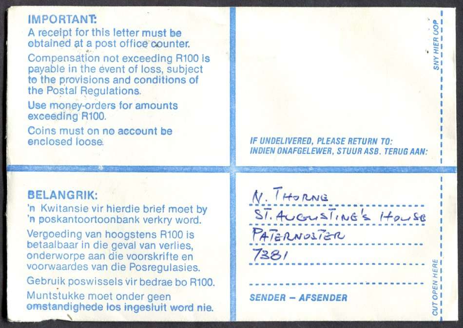 RSA - Cover Registered At Vredenburg Post Office