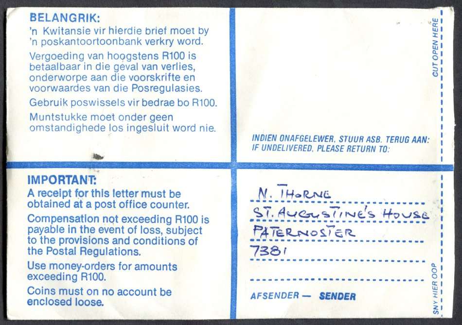 RSA - Cover Registered At Vredenburg Post Office