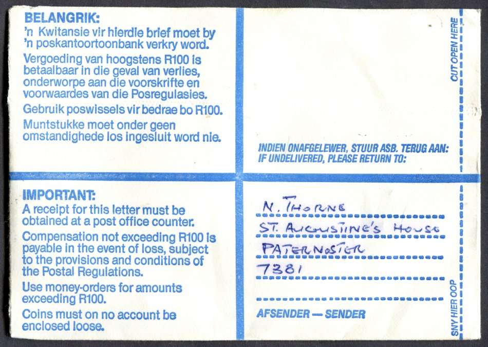 RSA - Cover Registered At Vredenburg Post Office