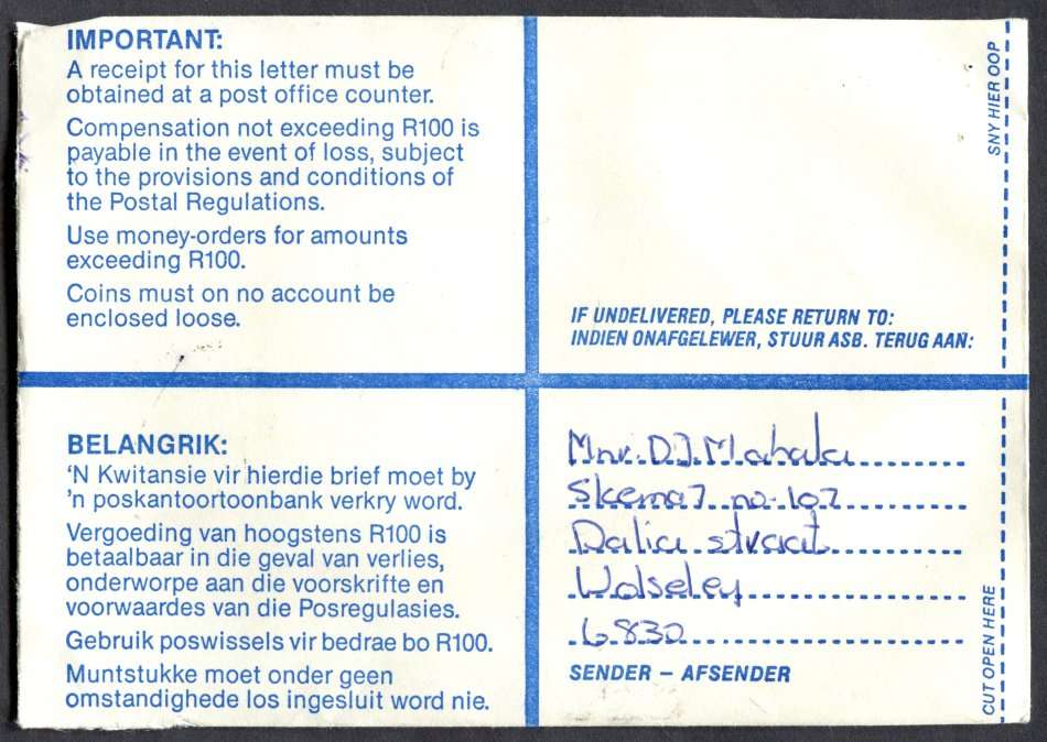 RSA - Cover Registered At Wolseley Post Office