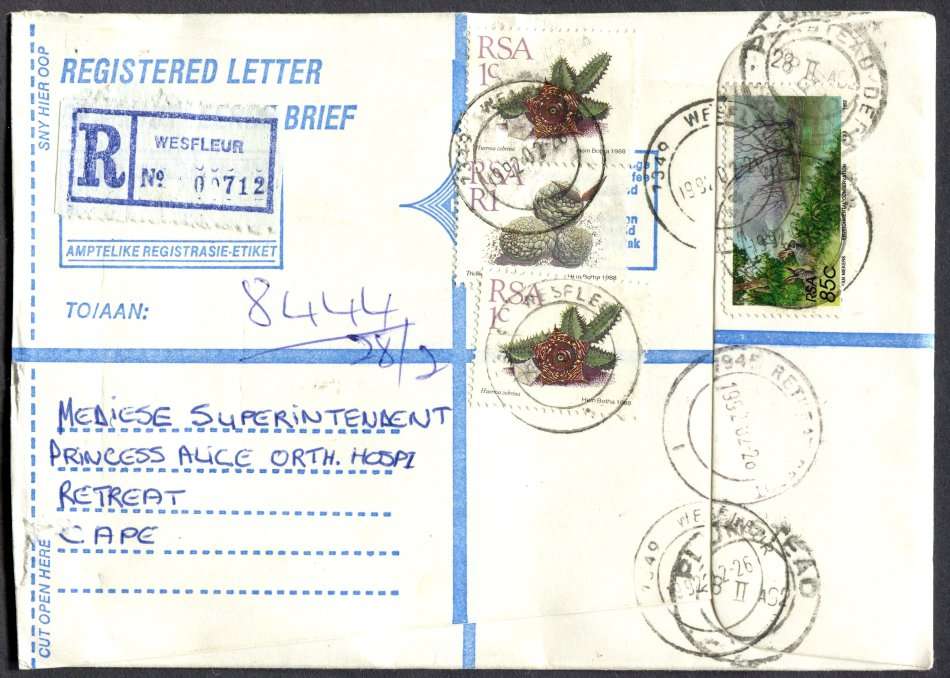 RSA - Cover Registered At Wesfleur Post Office