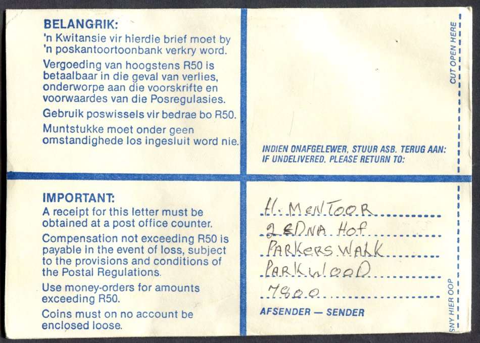 RSA - Cover Registered At Wynberg K/C Post Office