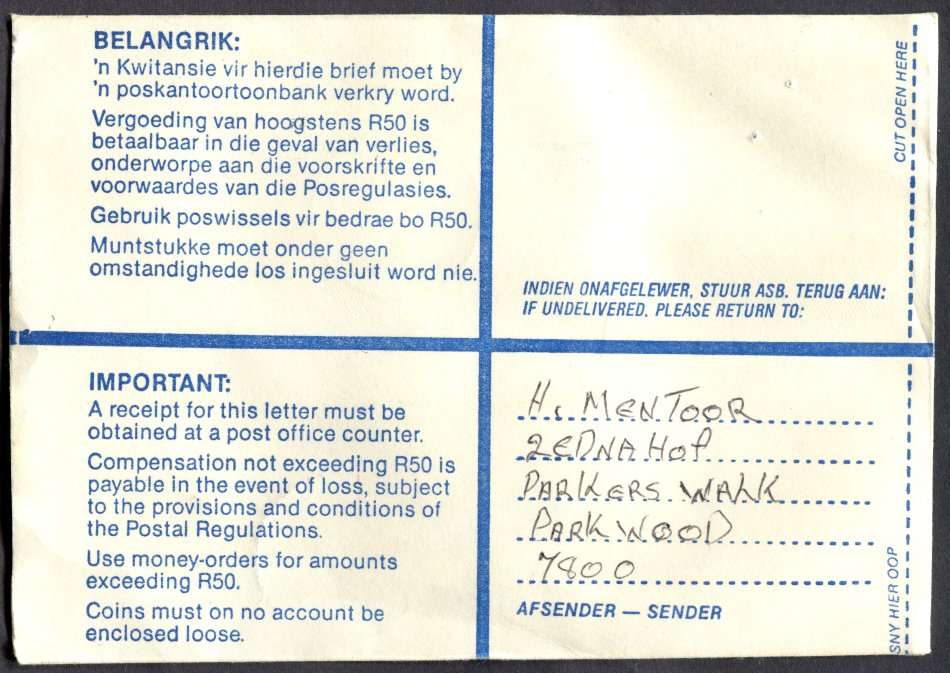 RSA - Cover Registered At Wynberg K/C Post Office