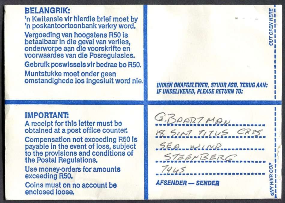 RSA - Cover Registered At Wynberg K/C Post Office