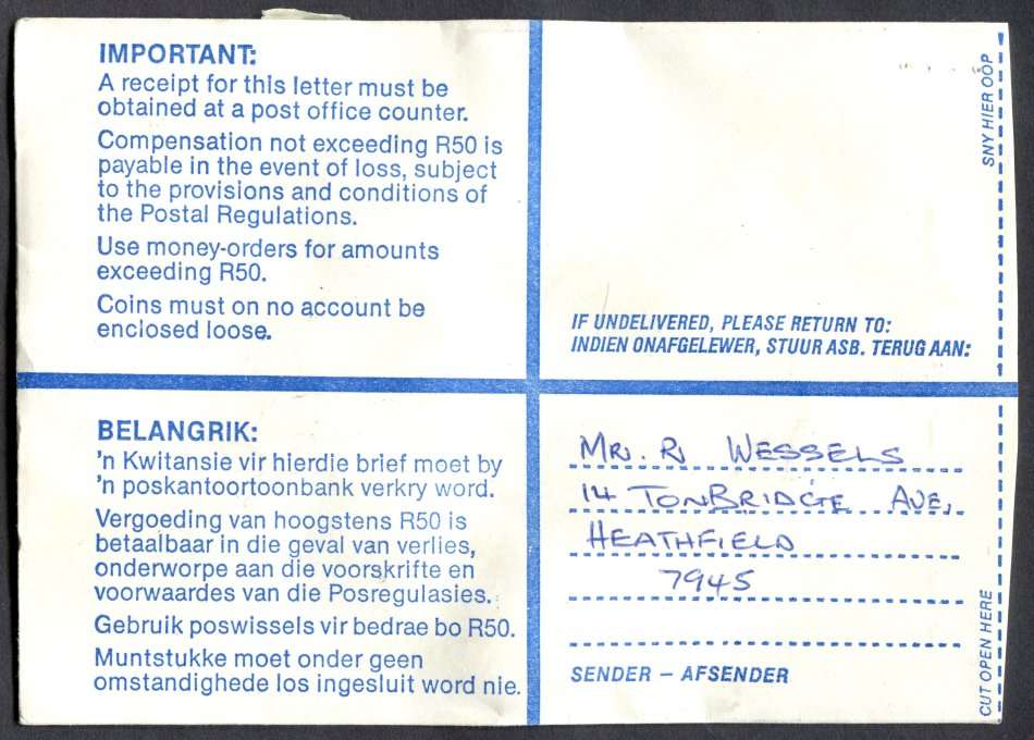 RSA - Cover Registered At Wynberg K/C Post Office
