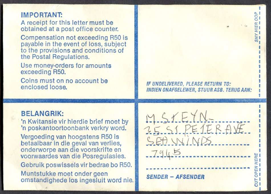 RSA - Cover Registered At Wynberg K/C Post Office