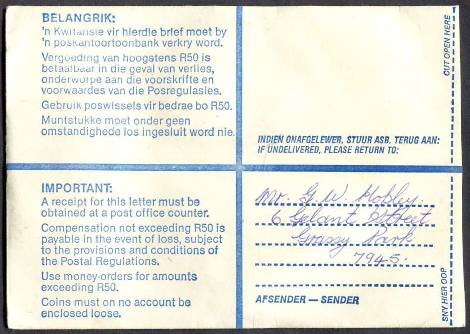 RSA - Cover Registered At Wynberg K/C Post Office