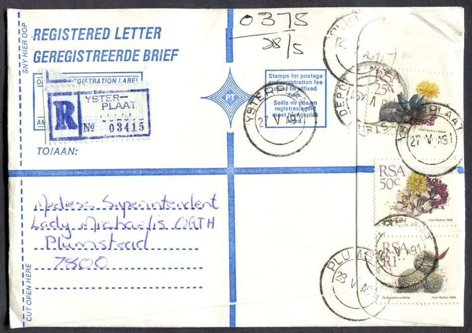RSA - Cover Registered At Ysterplaat Post Office