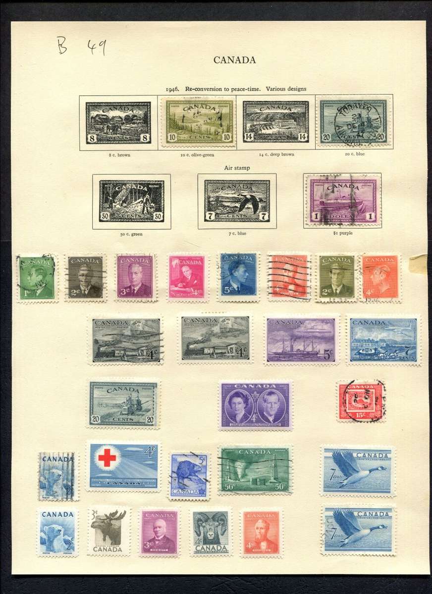 Canada - 28 Stamps Mounted (Hinged) on Old Album Page