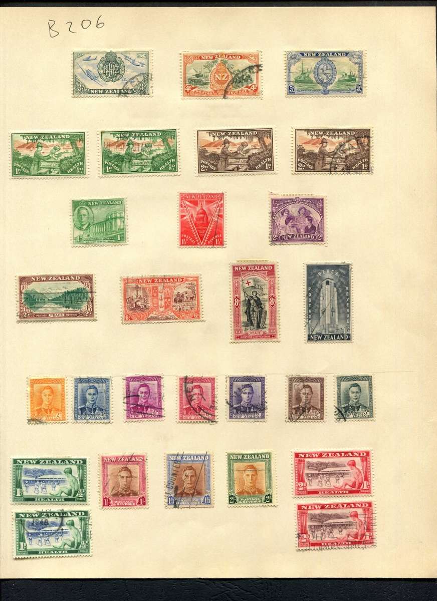 New Zealand - 28 Stamps Mounted (Hinged) on Old Album Page