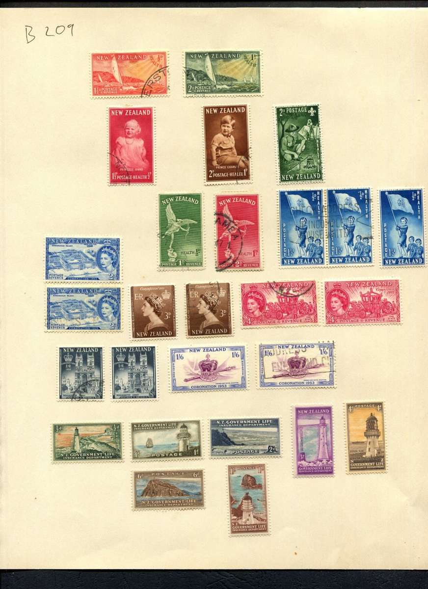 New Zealand - 27 Stamps Mounted (Hinged) on Old Album Page