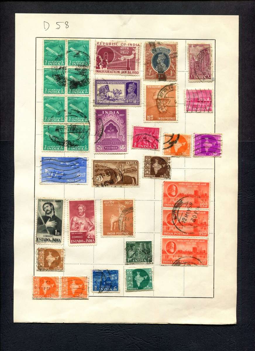 India - 33 Stamps Mounted (Hinged) on Old Album Page
