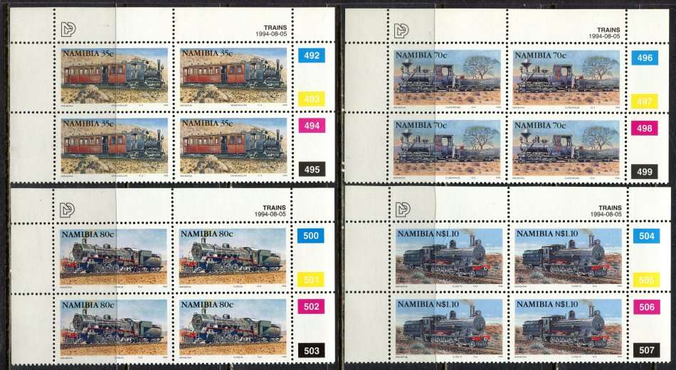 Namibia - Trains - Set of 4 Control Blocks of 4 - 1994 - MNH