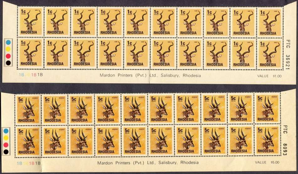 Rhodesia - 4 Double Bottom Rows + 1 Triple Bottom Row - Brown Gum Except 2.5c - 1974 - MNH