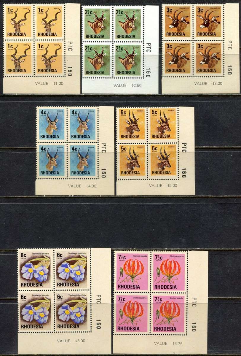 Rhodesia - Set of 15 PTC Corner Blocks of 4  - Brown Gum Except 2.5c - 1974 - MNH
