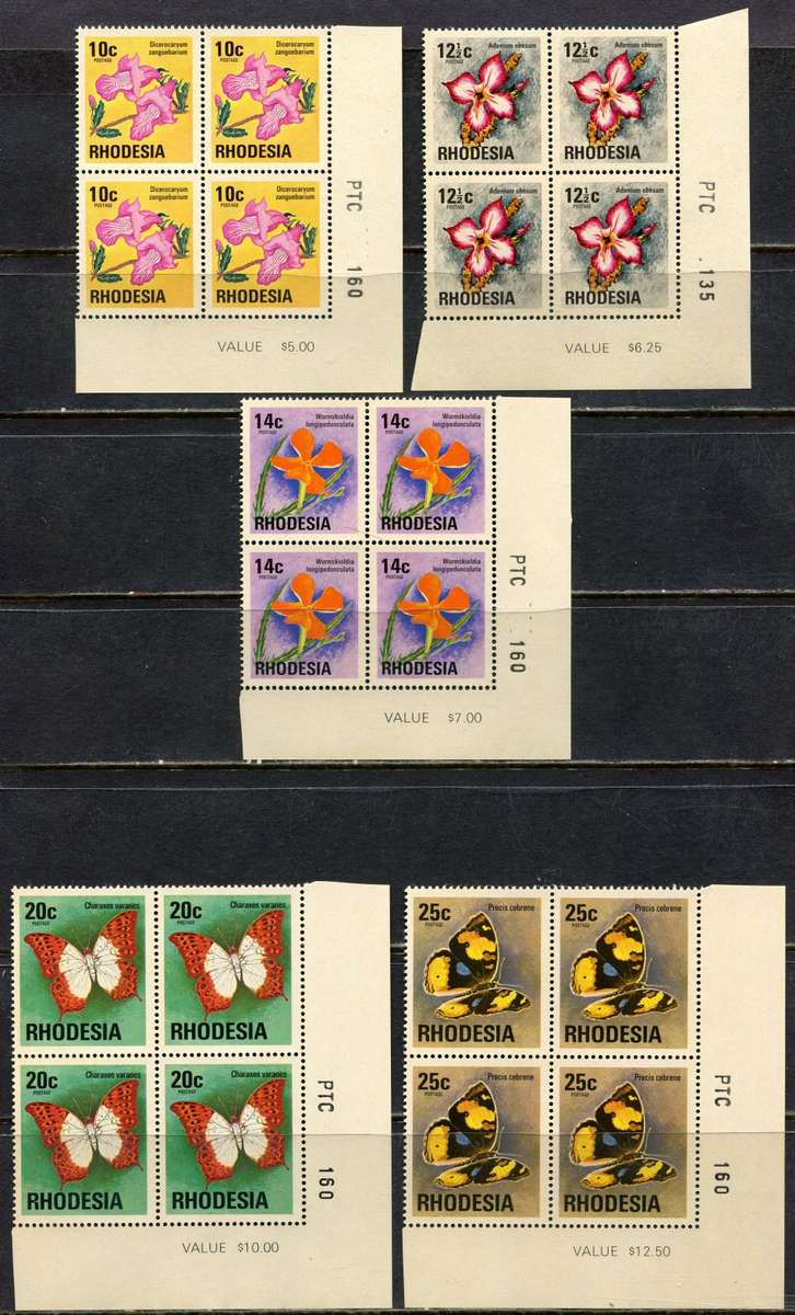 Rhodesia - Set of 15 PTC Corner Blocks of 4  - Brown Gum Except 2.5c - 1974 - MNH