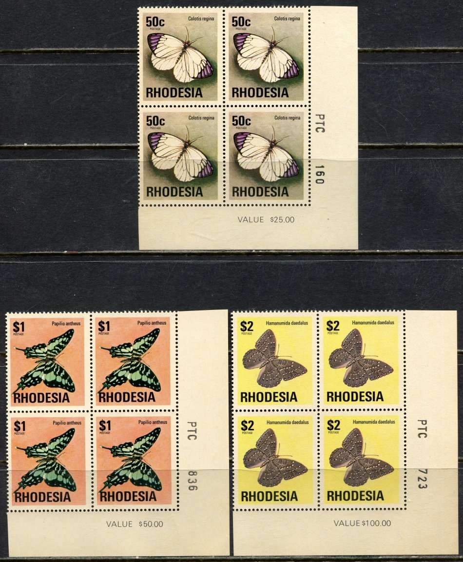 Rhodesia - Set of 15 PTC Corner Blocks of 4  - Brown Gum Except 2.5c - 1974 - MNH