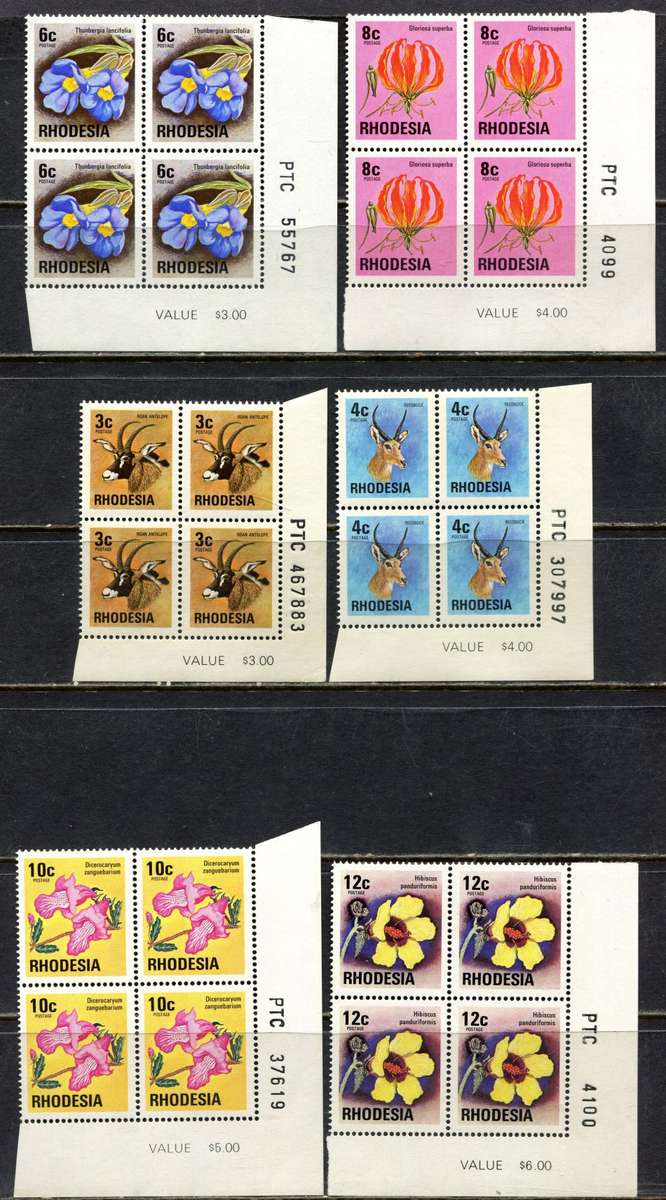 Rhodesia - 13 PTC Blocks of 4  - White Gum - 1976 - MNH
