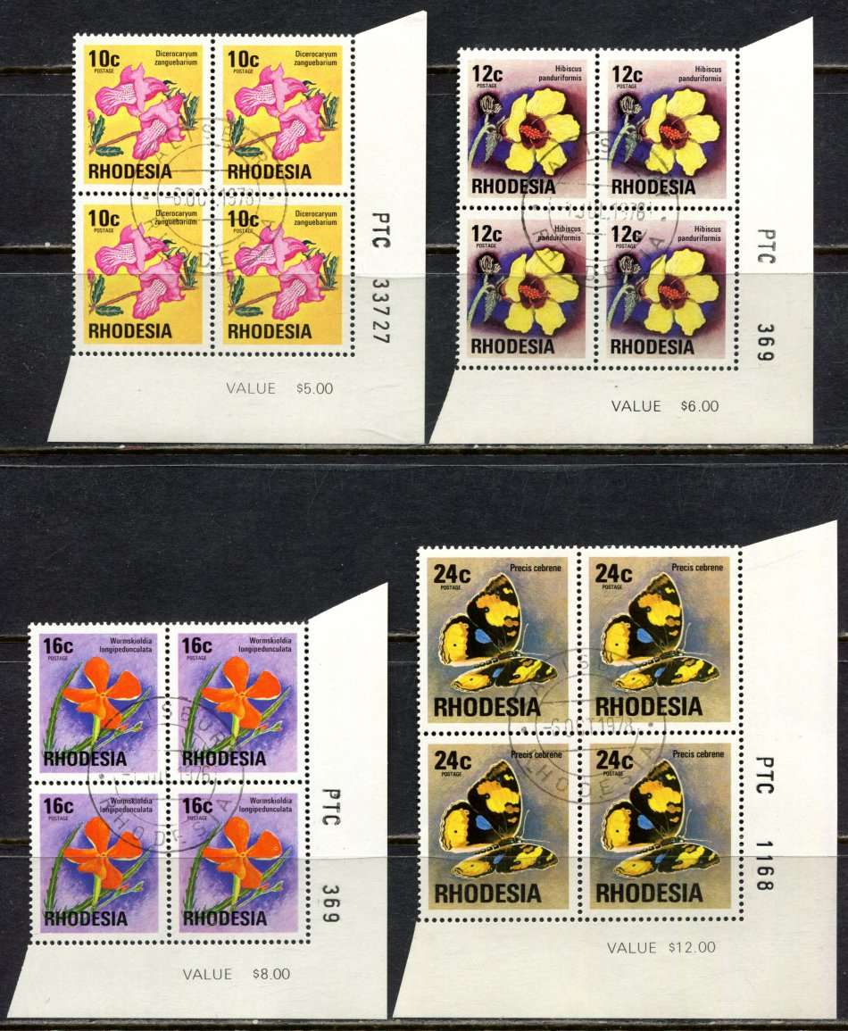 Rhodesia - 9 PTC Blocks of 4  - White Gum - 1976 - Used