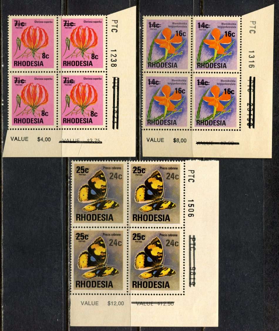 Rhodesia - Surcharges - Set Of 3 Top PTC Blocks of 4 - Brown Gum - 1976 - MNH
