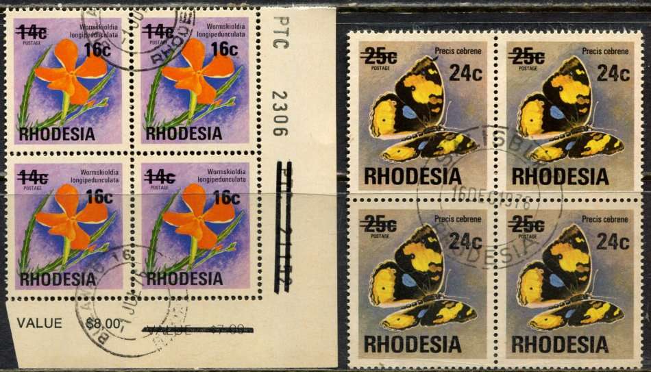 Rhodesia - Surcharges - 2 Blocks of 4 - Brown Gum - 1976 - Used