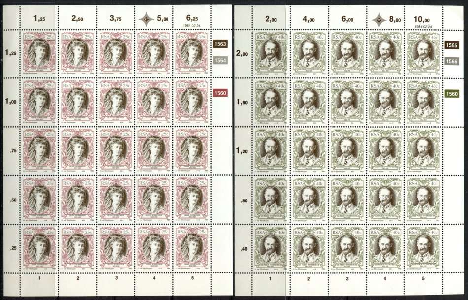 RSA - Set of 4 Full Sheets of 25 - 1984 - MNH